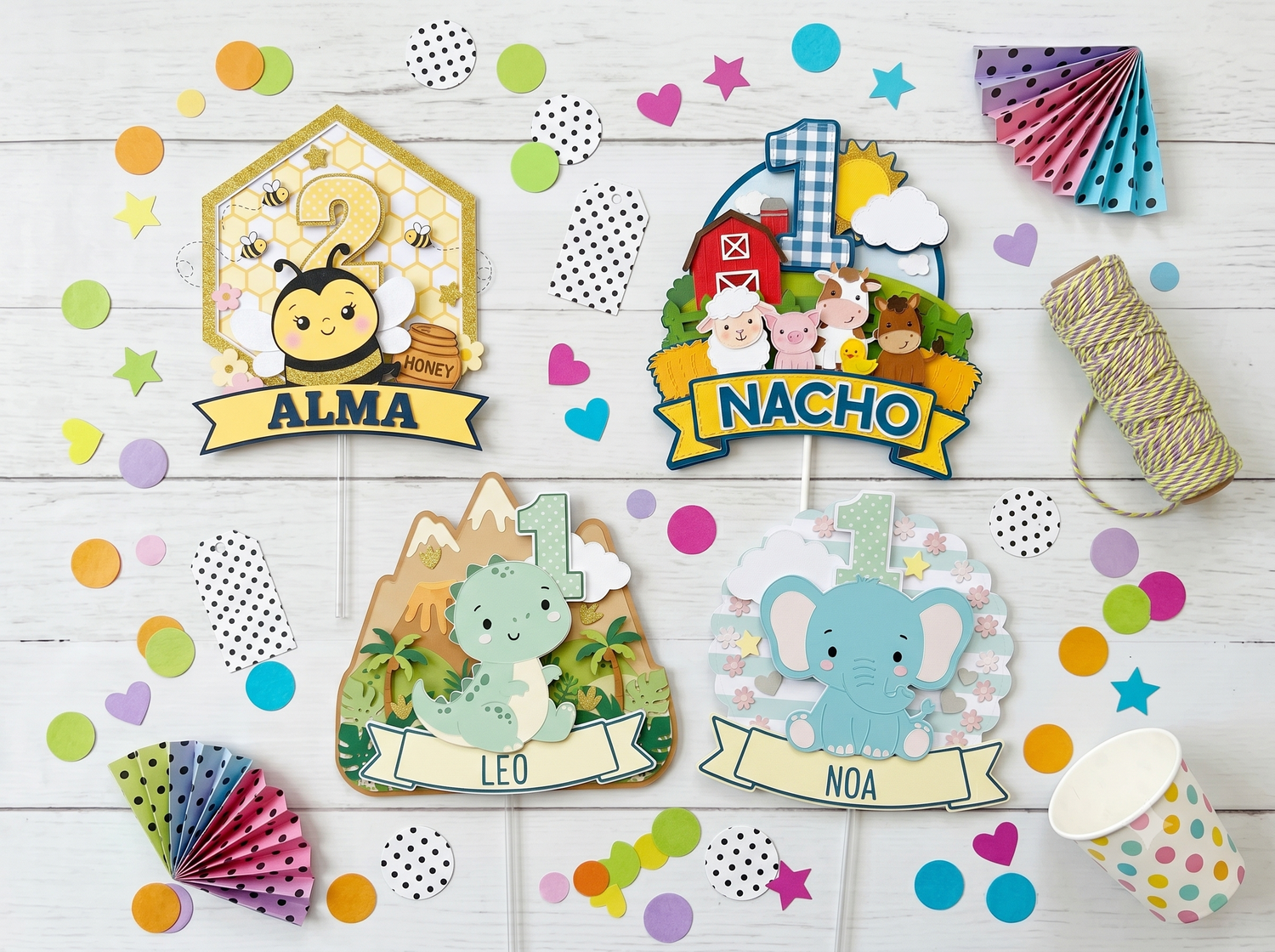 Selección de toppers personalizados de Creación Celebra: abeja, granja, dinosaurio y elefante