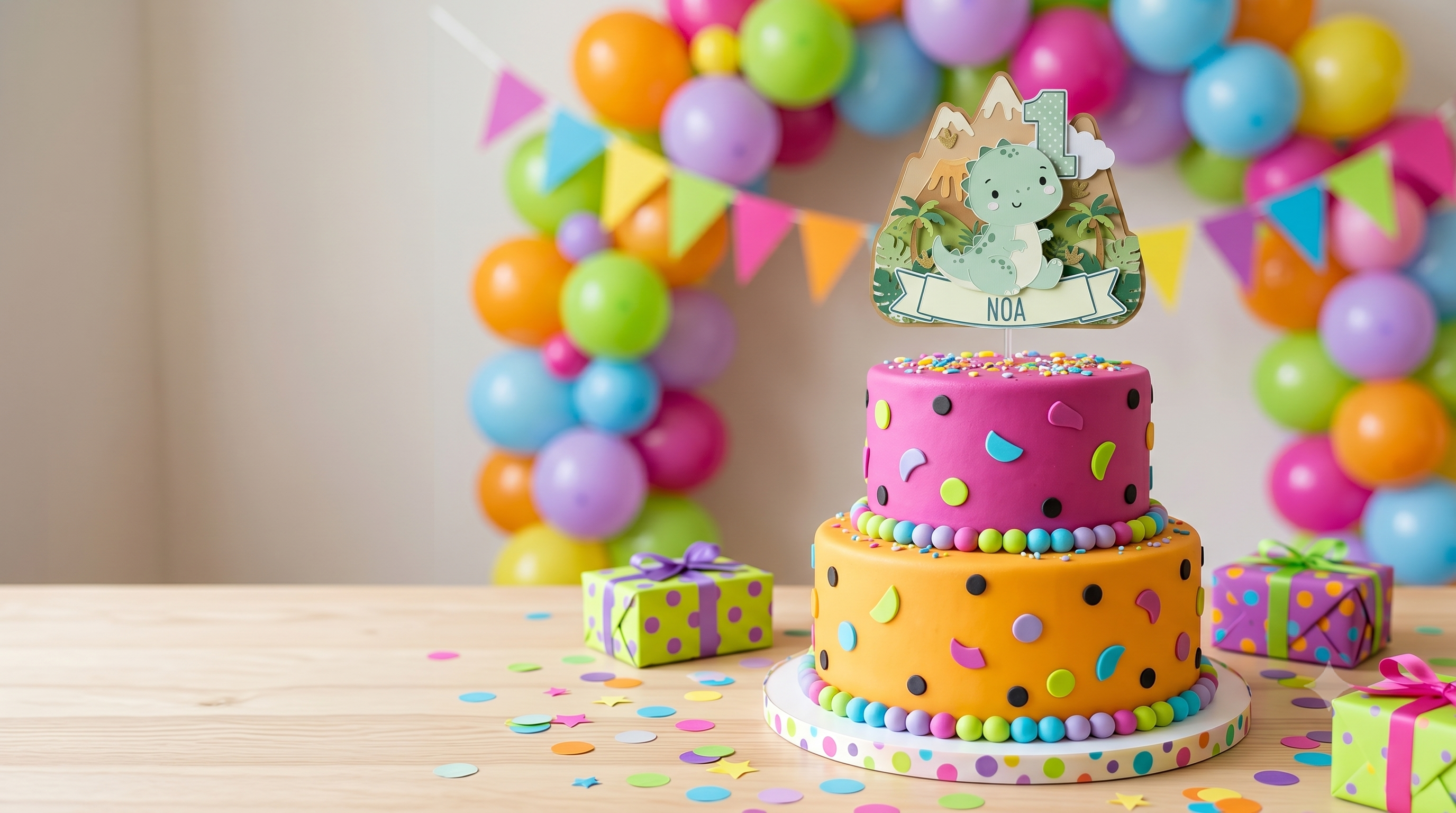 Tarta de cumpleaños vibrante con topper personalizado de Creación Celebra