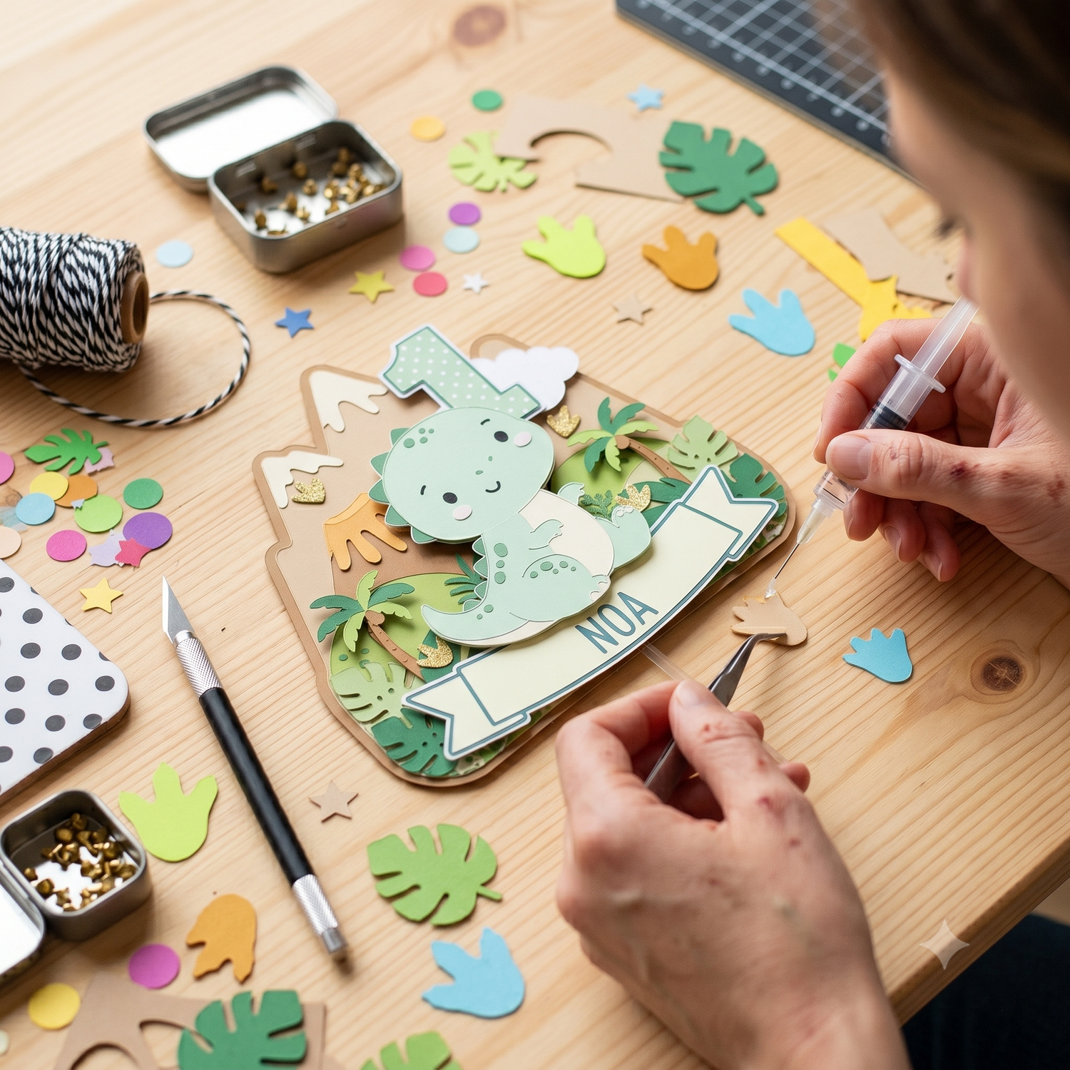 Topper personalizado de Creación Celebra montándose a mano sobre la mesa de trabajo