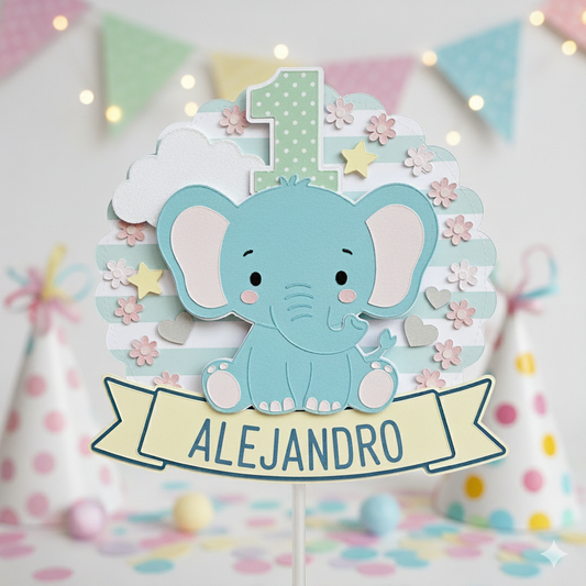 Topper de tarta de elefante personalizado con nombre